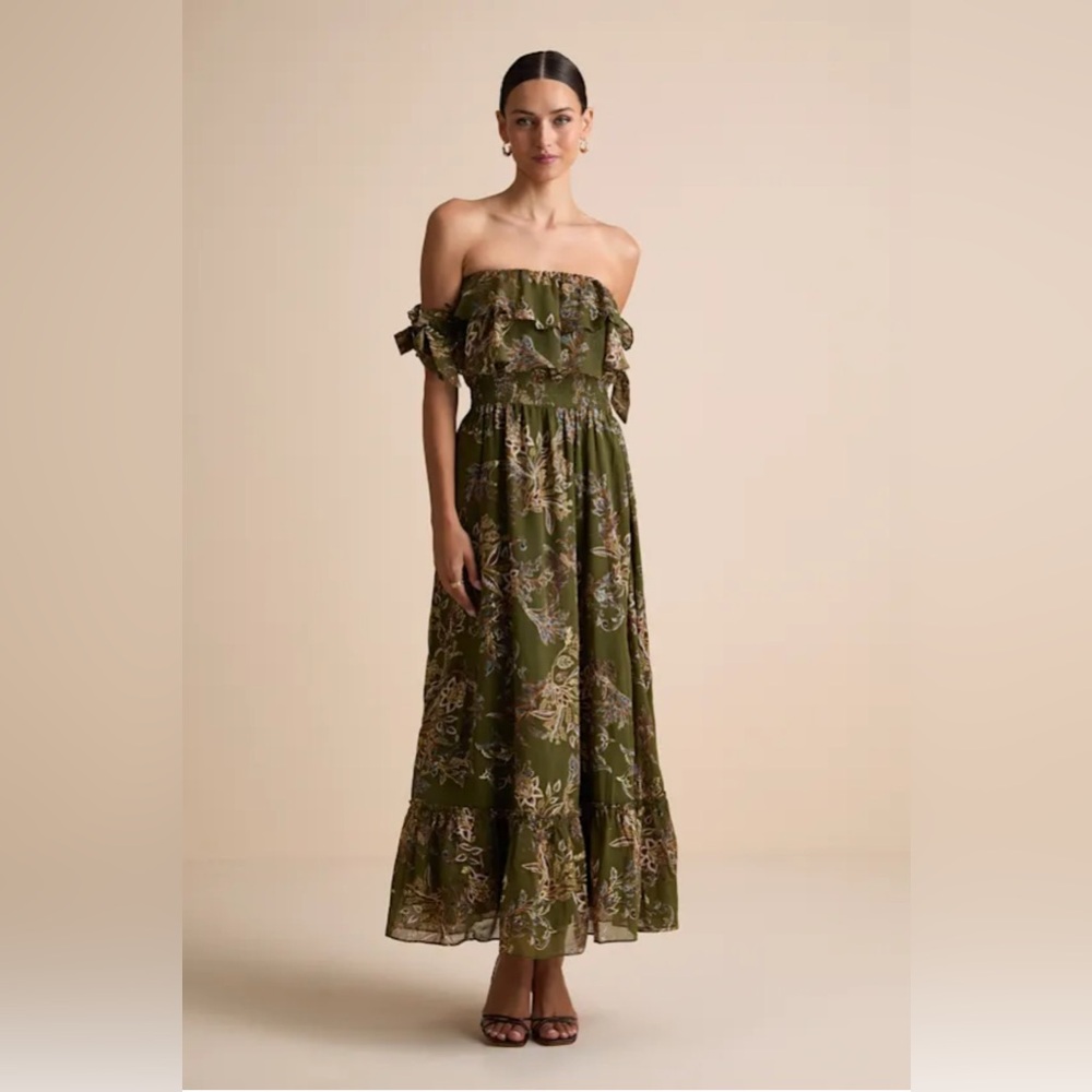 Lulus Olive Green Floral Print Off-the-Shoulder Dress NWT
